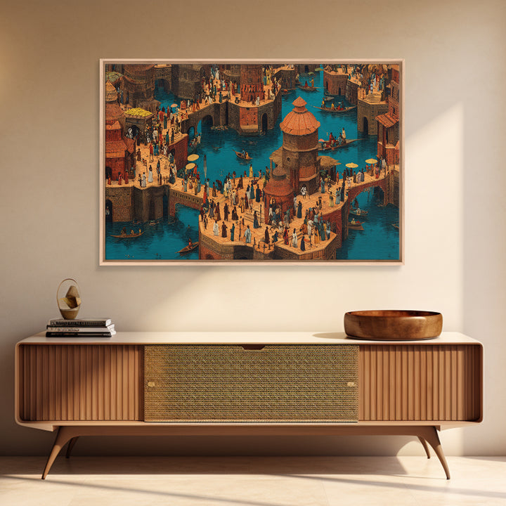 Bustling African Canal Market Wall Art, Crowded Waterfront City Print, Cultural Decor For Living Room Or Office Gallery Wall