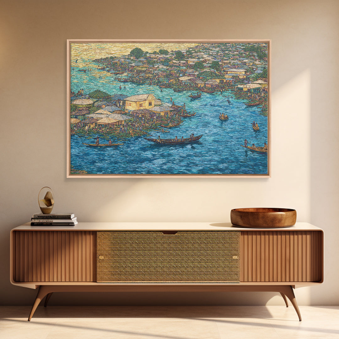 Blue Floating Village Canvas Print, African Coastal Boats And Water Market, Cultural Wall Decor For Living Room Gallery Art