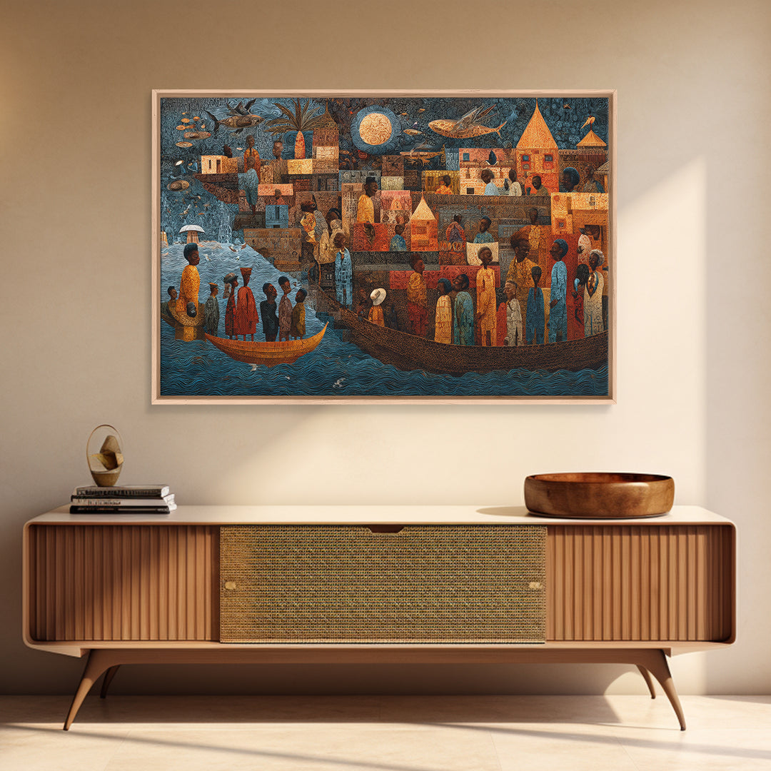 Moonlit African Story Boat Wall Art, Folk Village Figures And Ancestral River, Afrocentric Cultural Decor Canvas Print Gift