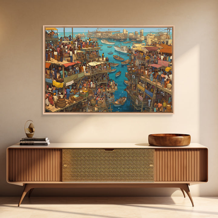 Crowded Coastal Harbor Wall Art, African Waterfront Market City, Detailed Boat Scene For Urban Living Room Decor Canvas Print Gift