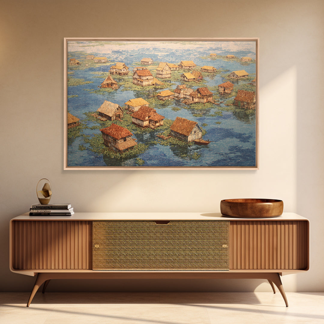 Peaceful Stilt Village Framed Canvas Print, Floating Water Houses And Boats, African Coastal Wall Decor For Home Gallery