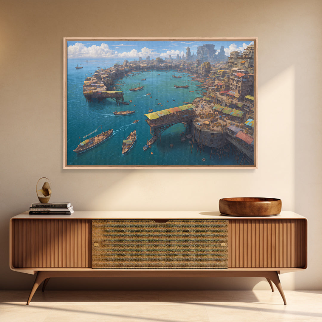 Futuristic African Harbor Canvas Print, Panoramic Coastal City With Boats, Modern Wall Art For Living Room Statement Decor