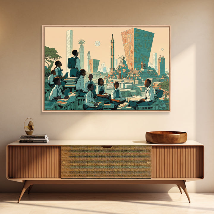 Afrofuturist Classroom Wall Art, African Children Cityscape, Black Education Poster, Modern Culture Home Decor Gift, Canvas Print