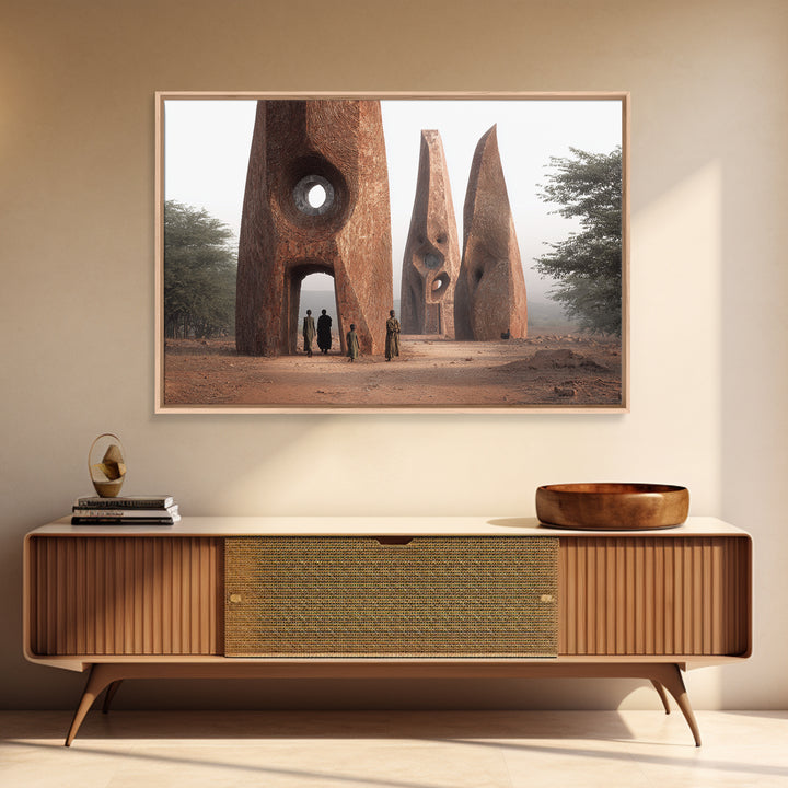 Terracotta Tribal Tower Wall Art, African Sculpture Inspired Architecture, Desert Monument Canvas Print, Bold Home Decor