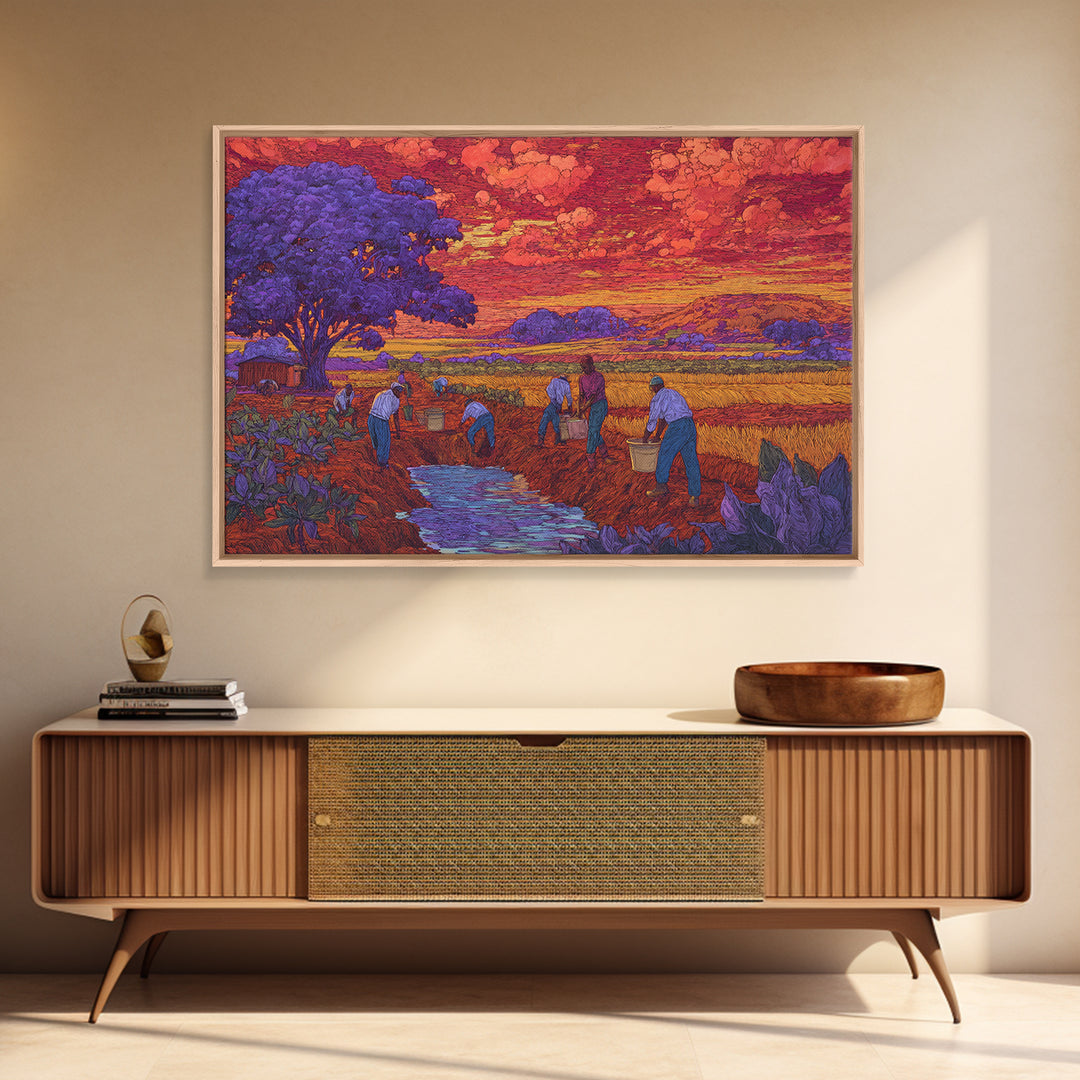 Purple Tree Harvest Wall Art, African Village Landscape, Colorful Sunset Field Painting, Cultural Canvas Print Decor Gift