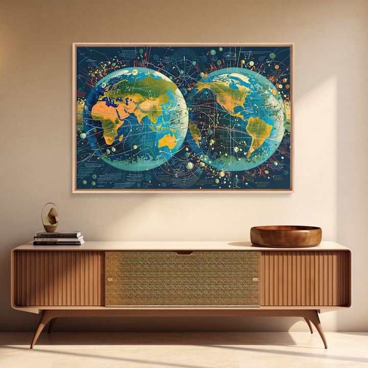 Dual Globe World Map Wall Art, Modern Geography Poster, Science Office Decor, Educational Travel Gift For Home And Classroom Decor