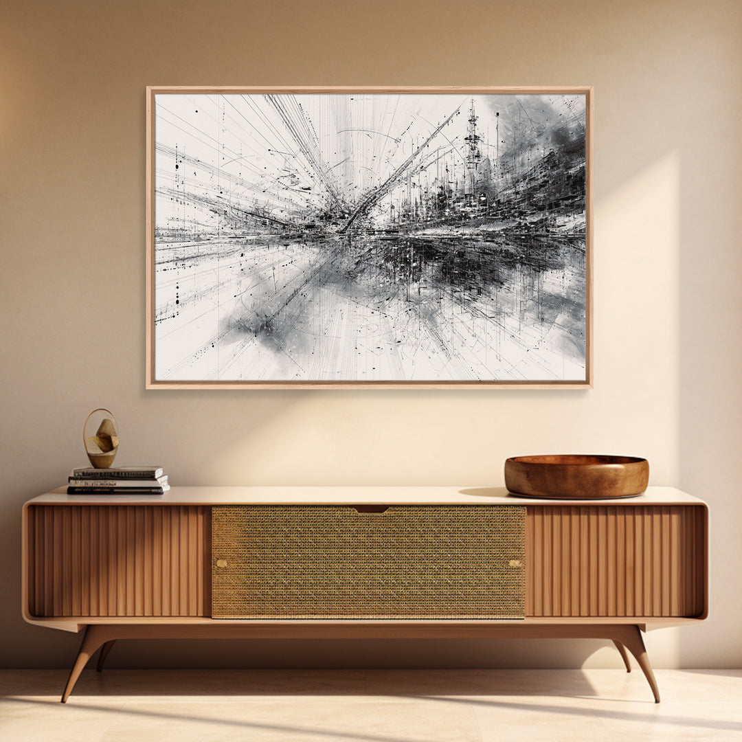 Monochrome Abstract Technical Skyline Canvas Print, Black And White Wall Decor, Minimalist Modern Office Art Gift For Study