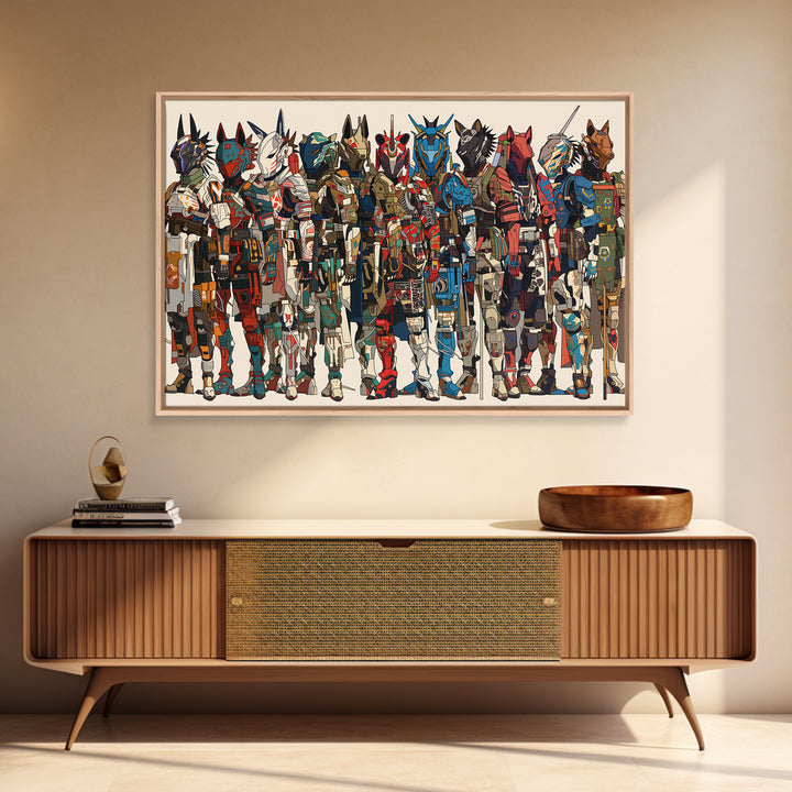 Futuristic African Mecha Warriors, Tribal Mask Canvas Print, Afrocentric Wall Art, Bold Black Culture Art, Modern Safari Decor