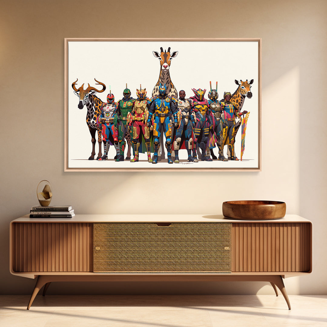 Afrofuturist Safari Warriors With Giraffes, African Wall Art, Framed Canvas Print, Tribal Queen Art, Bold Home Decor Gift