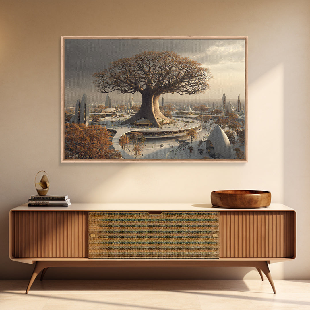 Giant Baobab Future City At Sunset, African Landscape Wall Art, Framed Canvas Print, Afrofuturism Decor, Statement Art For Living Room