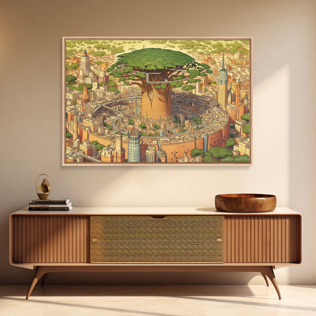 Illustrated Baobab Megacity, African Tree Wall Art, Framed Canvas Print, Afrofuturism Decor, Statement Cultural Home Decor Gift