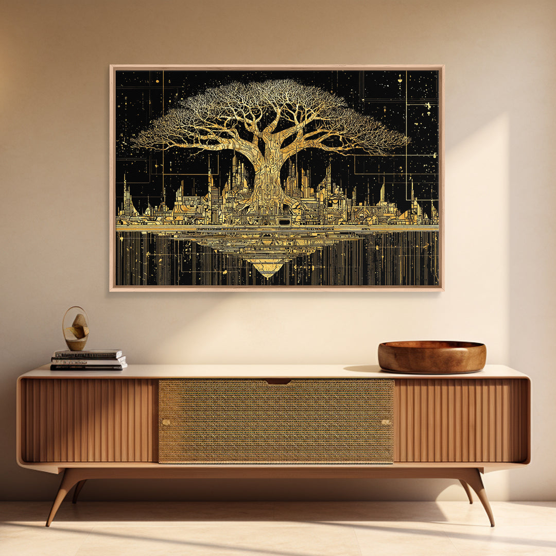 Gold Baobab Futuristic Skyline On Black, African Wall Art, Canvas Print, Black And Gold Art, Luxury Canvas Art Statement Home Decor