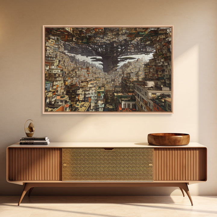 Upside Down Baobab Cityscape, African Abstract Wall Art, Framed Canvas Print, Urban Wall Art, Afrofuturism Statement Home Decor