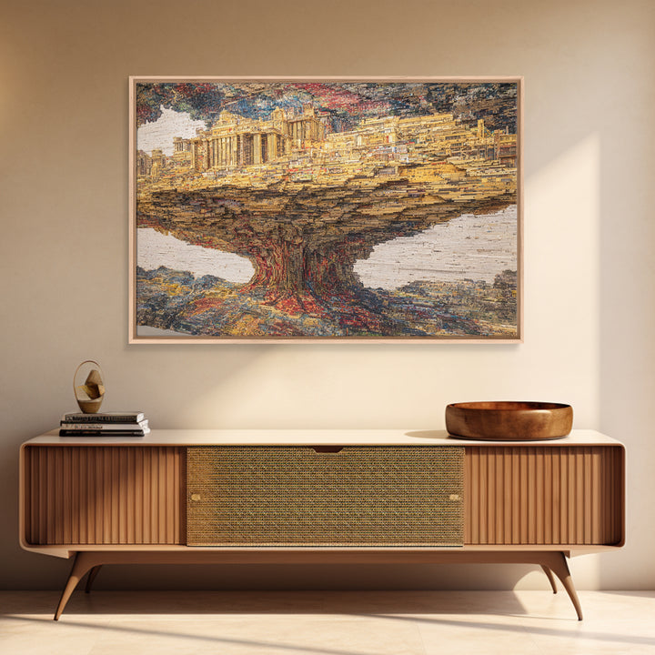 Ancient City Tree Mirage, Textured African Landscape Wall Art, Framed Canvas Print, Cultural Art Print, Earth Tone Decor