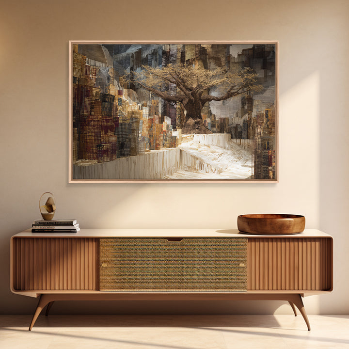 Golden Baobab In Abstract Cityscape Wall Art, African Landscape, Modern African Art, Earth Tone Living Room Decor Canvas