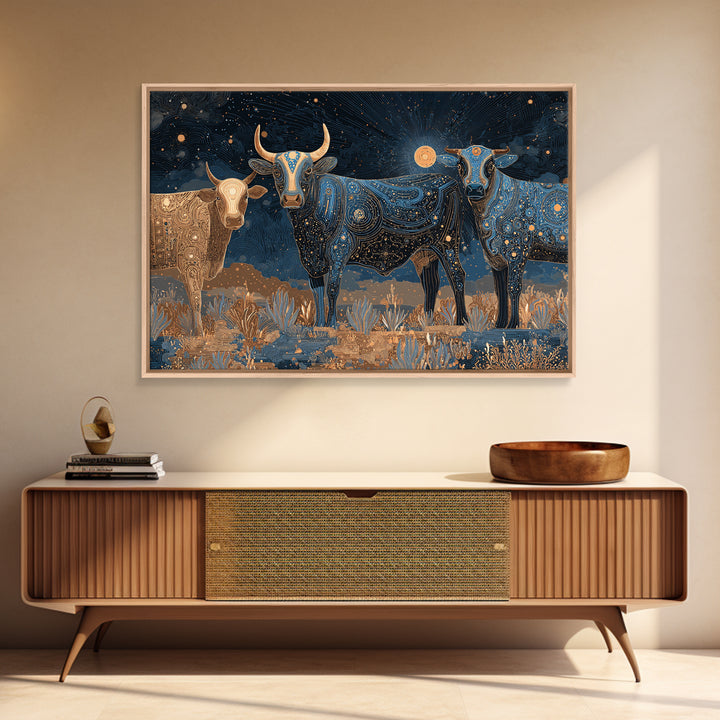 Celestial Longhorn Cattle Canvas Print, African Animal Art, Tribal Patterns, Southwestern Wall Decor, Boho Living Room Art