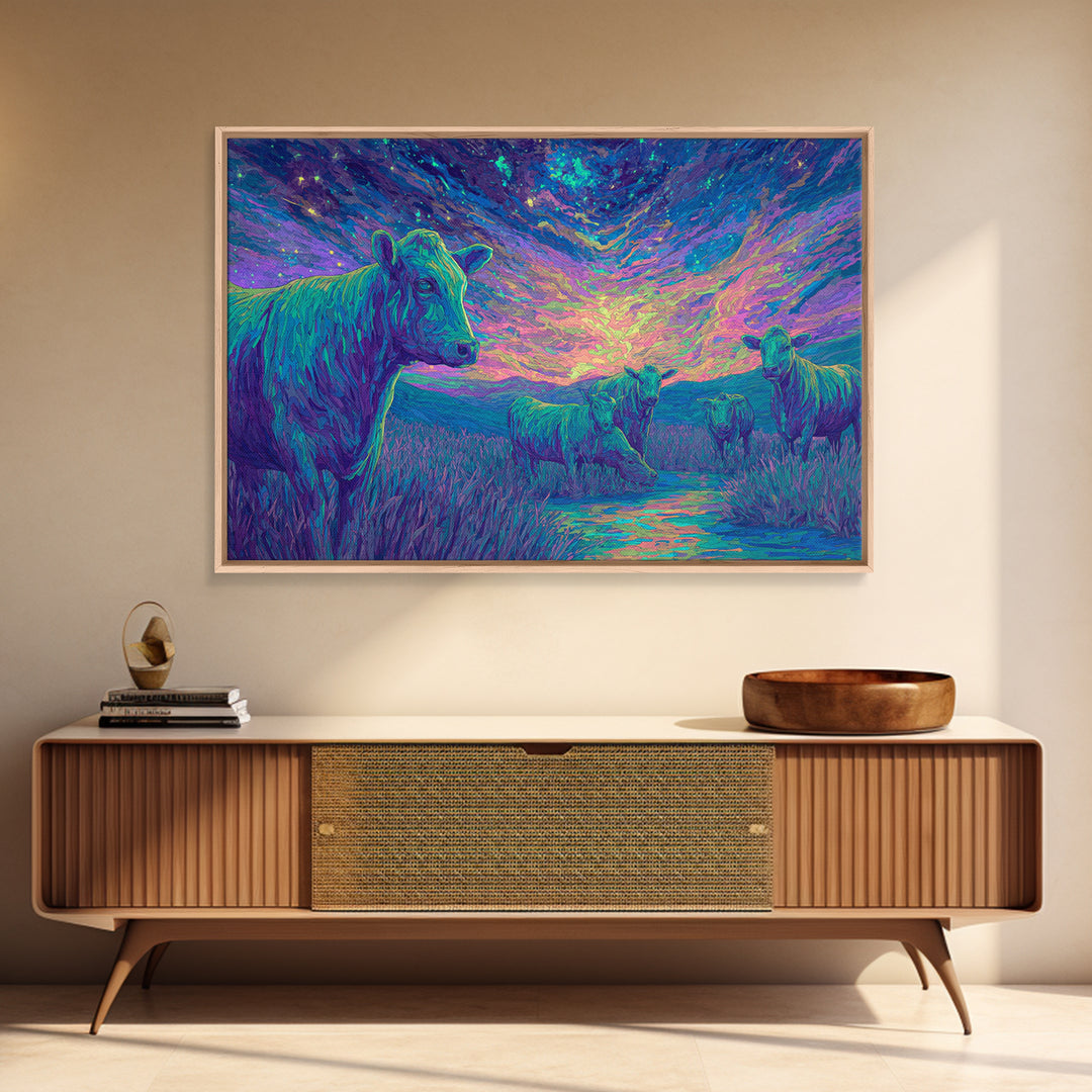 Violet Twilight Cows By Creek Wall Art, African Animal Art, Colorful Safari Art, Dreamy Wall Decor, Nature Scene Canvas Print