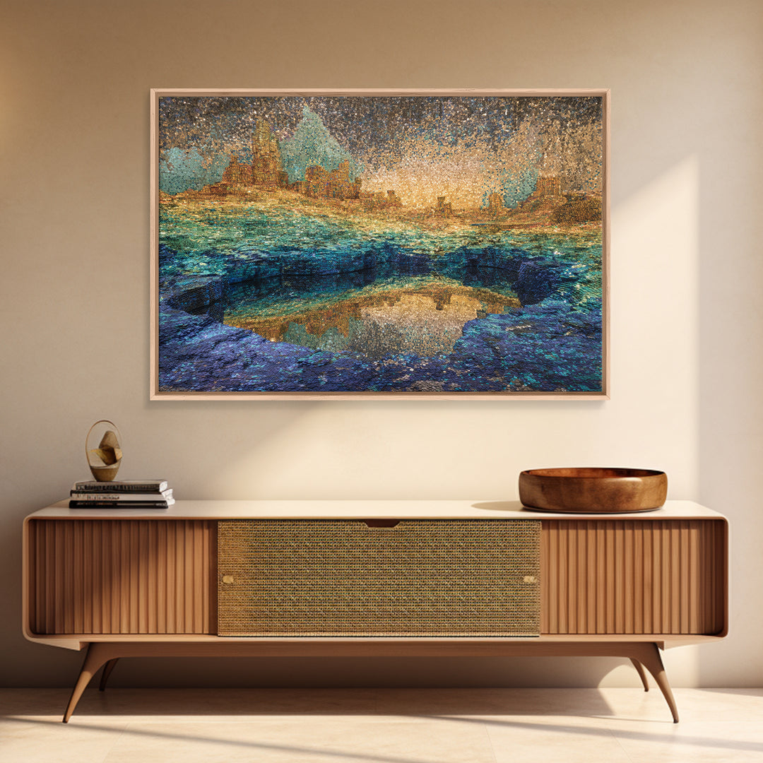 Shimmering Coastal City Lagoon Wall Art, African Landscape, Modern Abstract Art, Teal Gold Decor, Dreamy Living Room Canvas