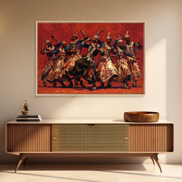 Energetic African Dancers Celebration Wall Art, African Women Art, Cultural Art Print, Red Statement Decor, Afrocentric Canvas