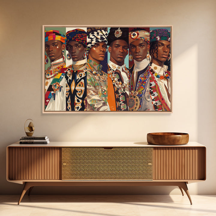 Six Regal African Portraits Wall Art, African Fabric, Nigerian Fashion Art, Black Beauty Art, Colorful Portrait Canvas Print