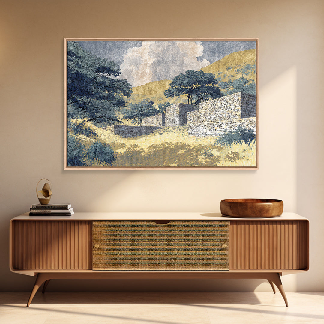 Sunlit Stone Walls In African Hills Framed Canvas Print, Serengeti Landscape Art, Earth Tone Safari Decor Gift, Living Room Wall Decor