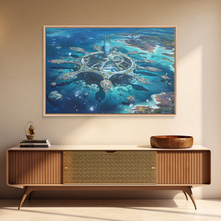 Futuristic Ocean City And Floating Islands Canvas Print, Afrofuturism Wall Art, Blue Sci Fi Coastal Home Decor For Office Gift