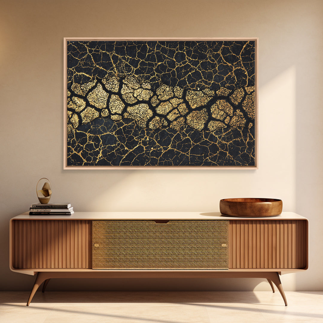 Gold Cracked African Map Pattern On Black Texture Wall Art, Abstract African Art Print, Luxury Earth Tone Home Decor Gift