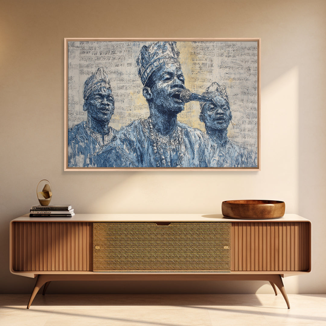Blue Ink African Musicians Singing In Traditional Hats Wall Art, Cultural Portrait Art Print, Black History Home Decor Gift