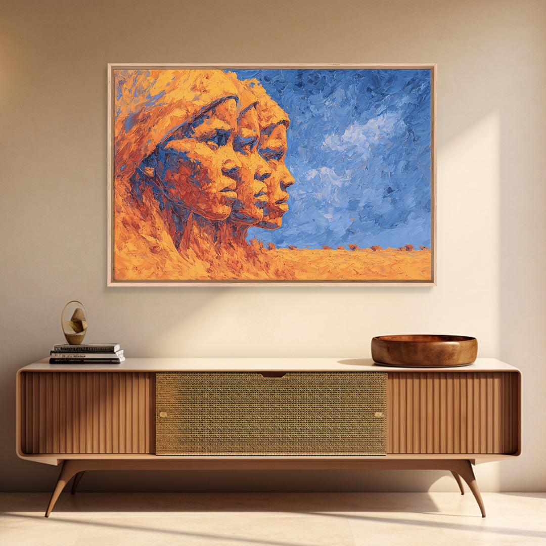 Three African Women Profiles Canvas Print, Orange Blue Portrait Wall Art, Black Beauty Art, Afrocentric Home Decor Art Gift