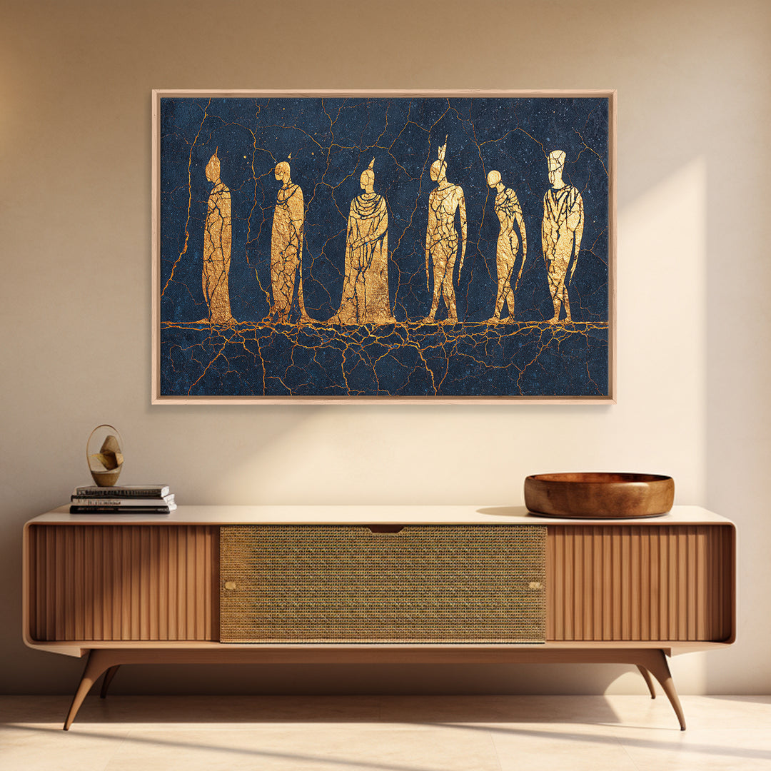 Golden Tribal Figures On Cracked Blue Wall Art, Ancient African Art Print, Ethnic Sculpture Decor, Cultural Home Decor Gift