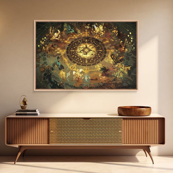 Golden Zodiac Circle And Mystical Animals Wall Art, Spiritual Decor, Astrology Inspired Canvas Print, Boho Home Decor, Gift