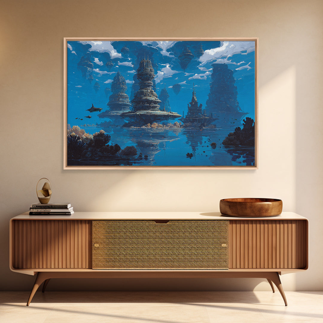 Blue Underwater Fantasy Cityscape Wall Art, Modern Canvas Print, Dreamy Ocean Decor, Unique Large Living Room Art, Home Decor Gift