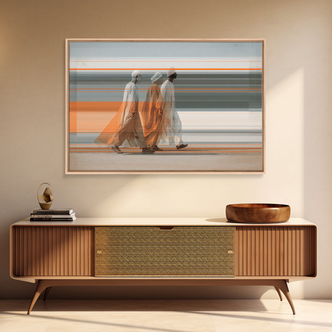 Three Robed Travelers In Motion Wall Art, African Inspired Modern Canvas, Cultural Home Decor, Statement Living Room Print