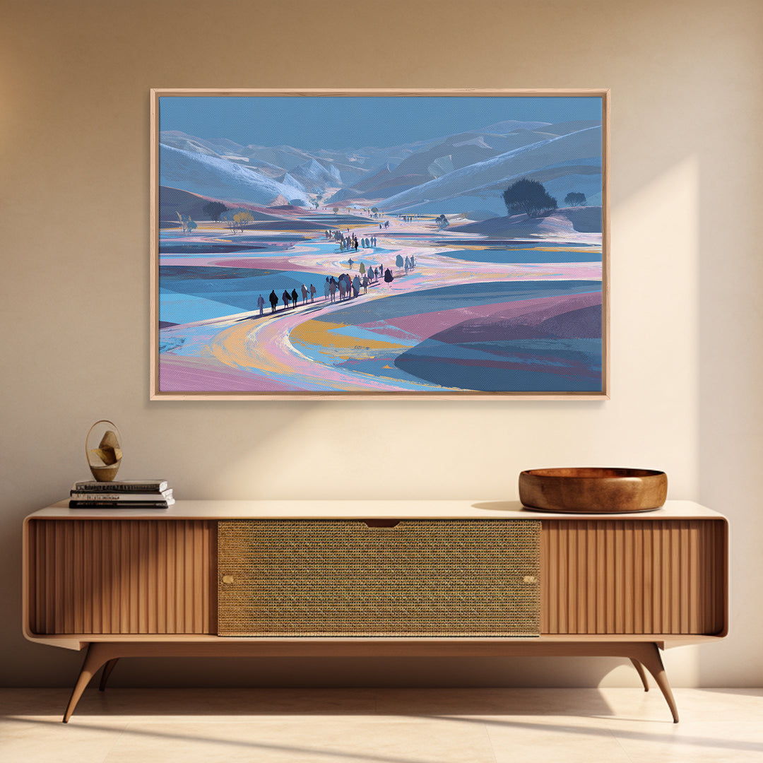 Pastel Mountain Valley Caravan Wall Art, African Landscape Inspired Travel Print, Blue Pink Nature Scene Art, Large Decor