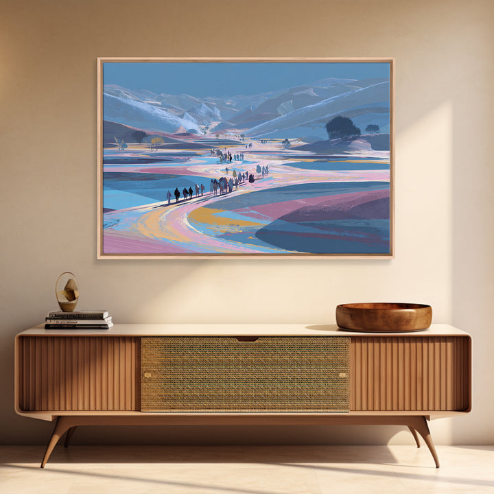 Pastel Mountain Valley Caravan Wall Art, African Landscape Inspired Travel Print, Blue Pink Nature Scene Art, Large Decor