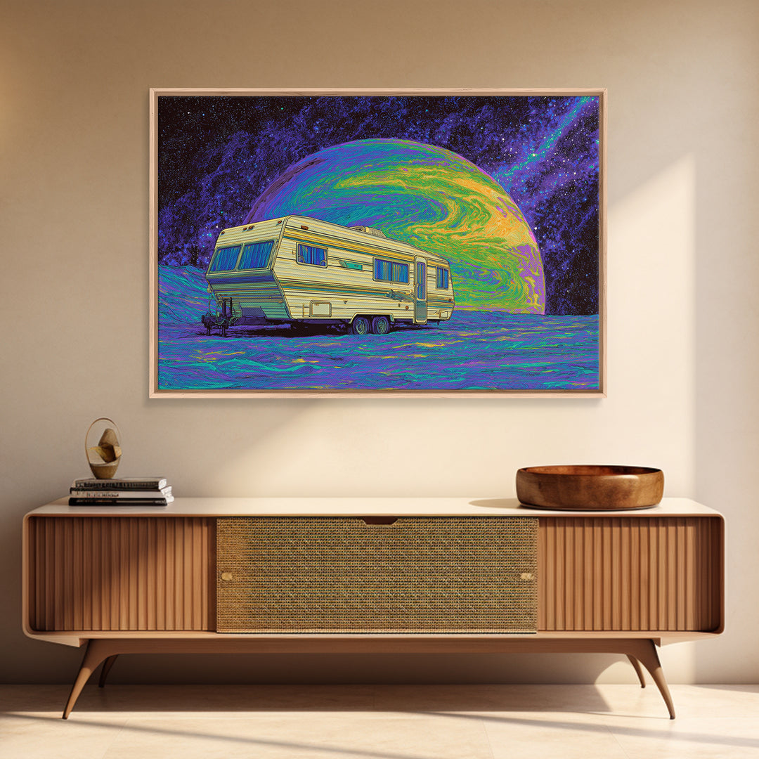 Retro Camper On Psychedelic Alien Planet Canvas Print, Digital Art, Afrofuturism Decor, Space Travel Poster, Unique Wall Decor
