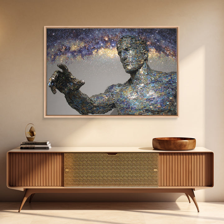 Faceless Cosmic Figure Reaching To Stars Framed Canvas Print, Modern Sculpture Art, Galaxy Wall Decor, Unique Canvas Art