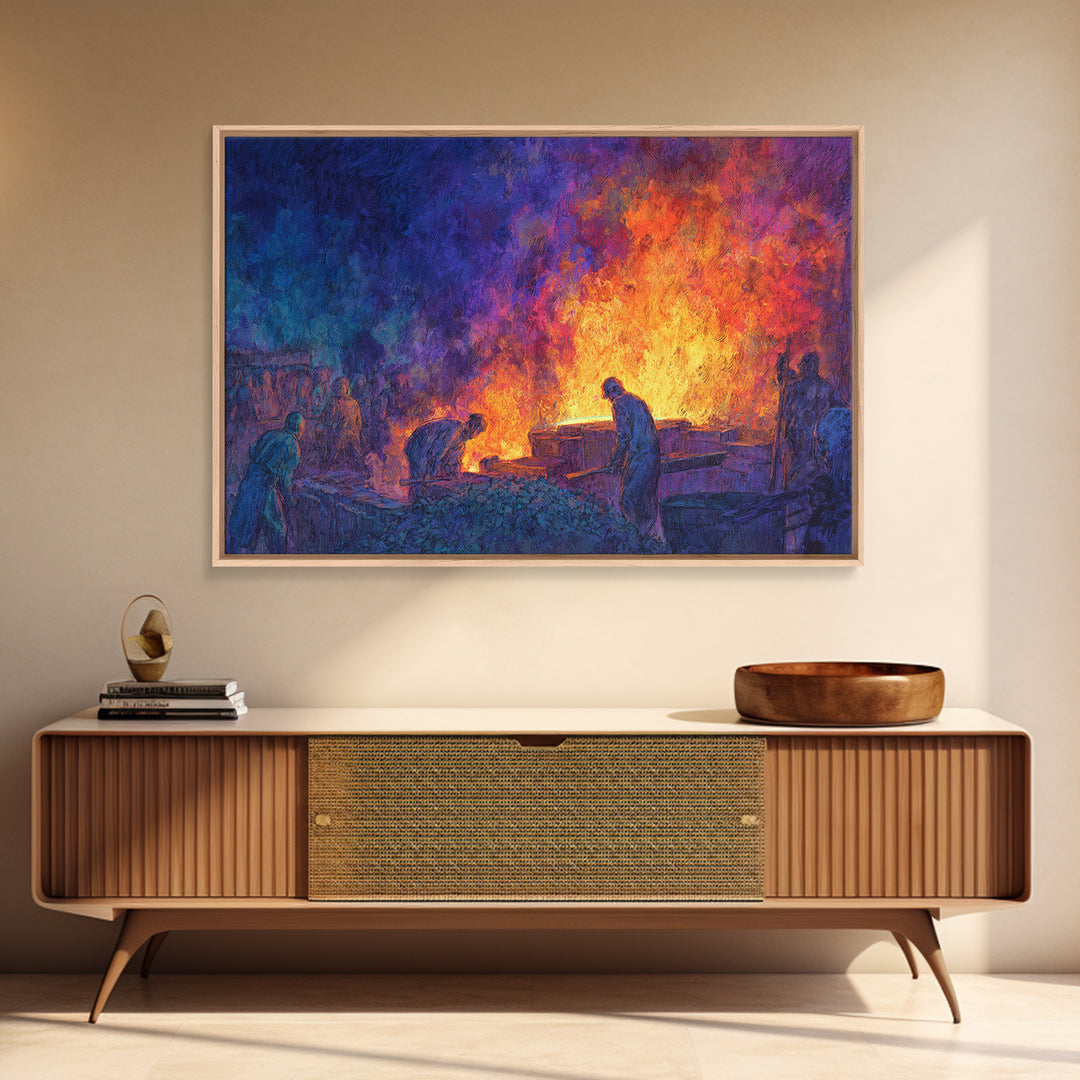Workers Around Blazing Forge Wall Art, African American Art, Industrial Painting, Blue Orange Decor, Cultural Home Decor