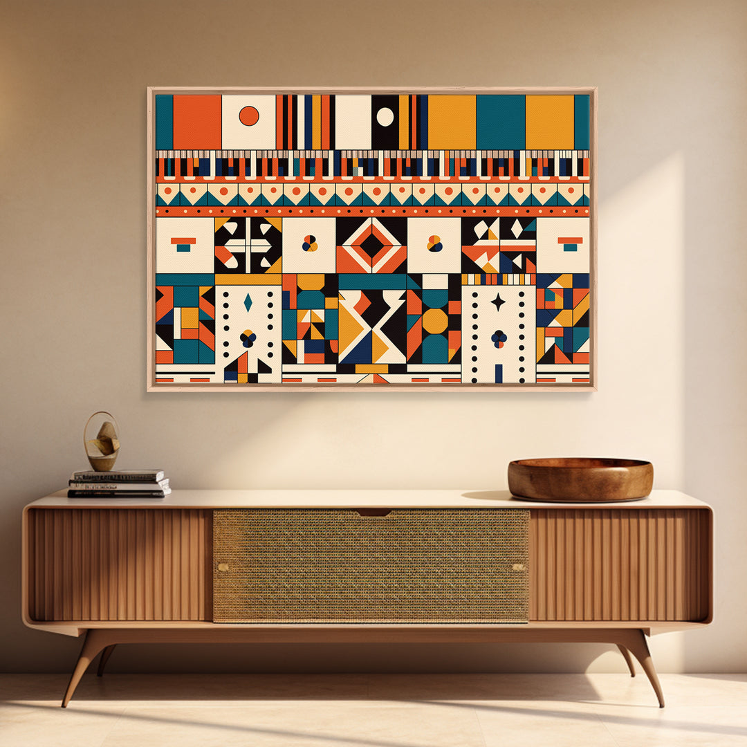 Bold Ankara Geometric Pattern Wall Art, African Fabric Design, African Patterns, Tribal Art Decor, Orange Teal Home Decor