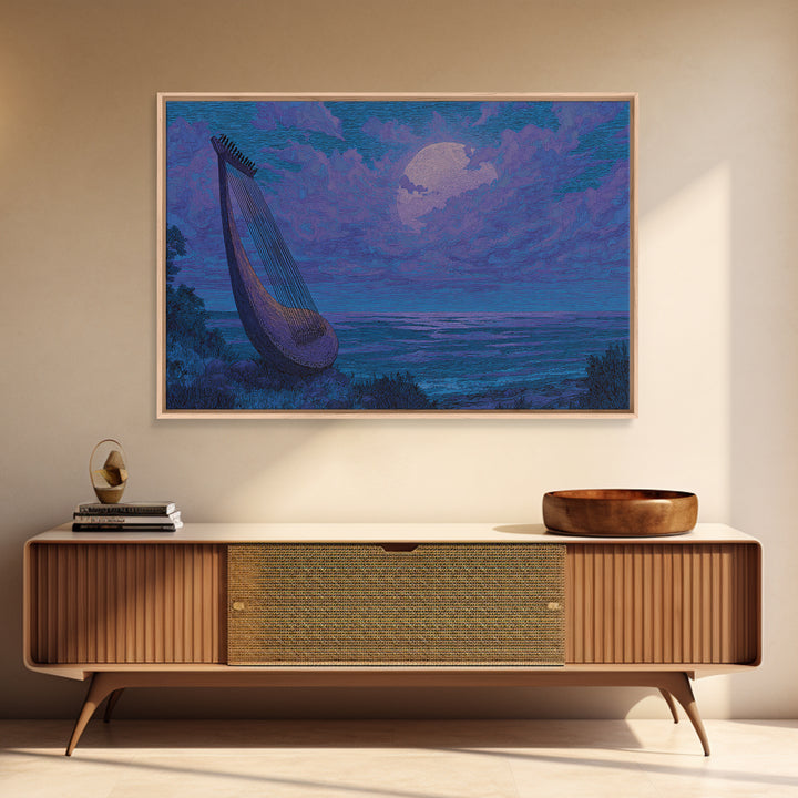 Moonlit African Kora By Ocean, Blue Purple Canvas Print, Afrocentric Wall Decor, African Music Art, Dreamy Coastal Decor