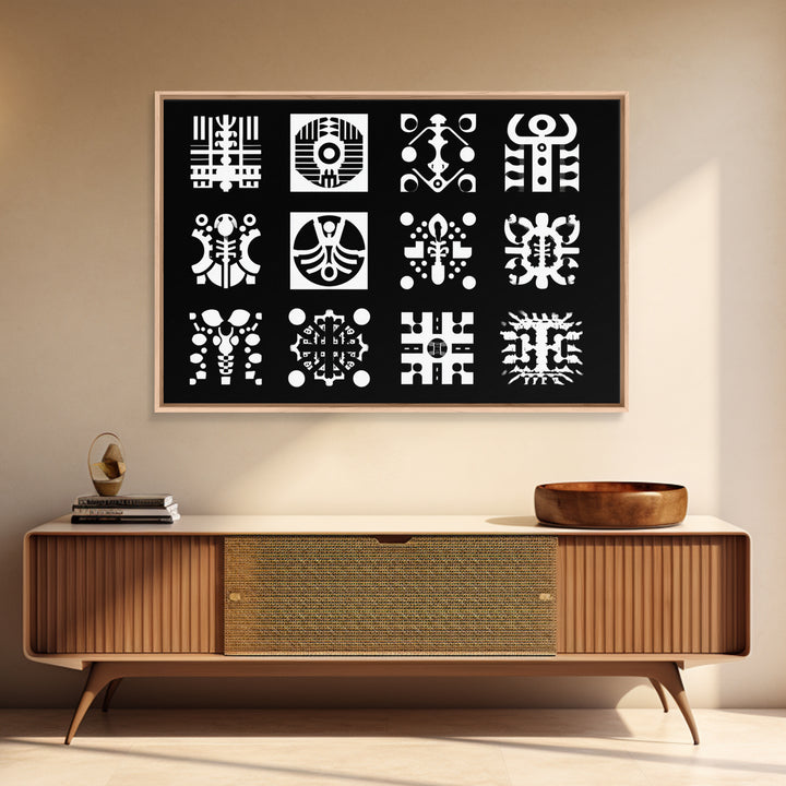 Black And White African Tribal Symbols Wall Art, Geometric Pattern Print, Afrocentric Decor, Modern African Art, Bold Office Decor