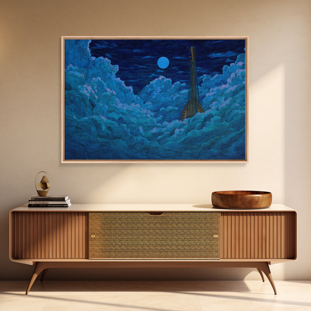 Blue Moon African Kora In Clouds Canvas Print, Dreamy Night Sky Wall Art, Afrocentric Music Decor, Mystical Bedroom Decor