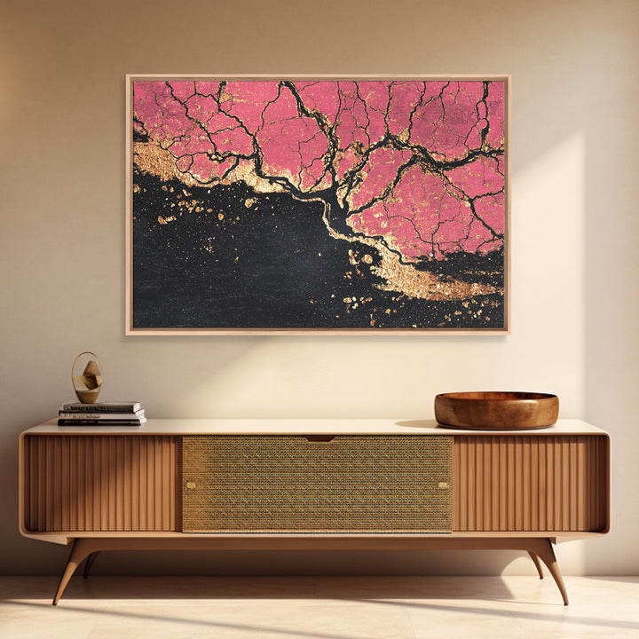 Pink Black And Gold Cracked Abstract Wall Art, Textured Canvas Print, Luxury Modern Decor, Earth Tone Statement Piece Unique Gift