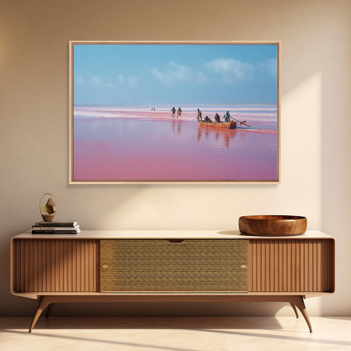 Pink Lake Boat With African Fishermen Wall Art, Senegal Travel Photography, Coastal Canvas Print, Pastel Blue Home Decor Gift