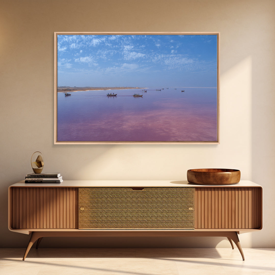 Wide Pink African Lake With Fishing Boats Wall Art, Serene Travel Photography, Blue Sky Canvas Print, Coastal Living Room Decor