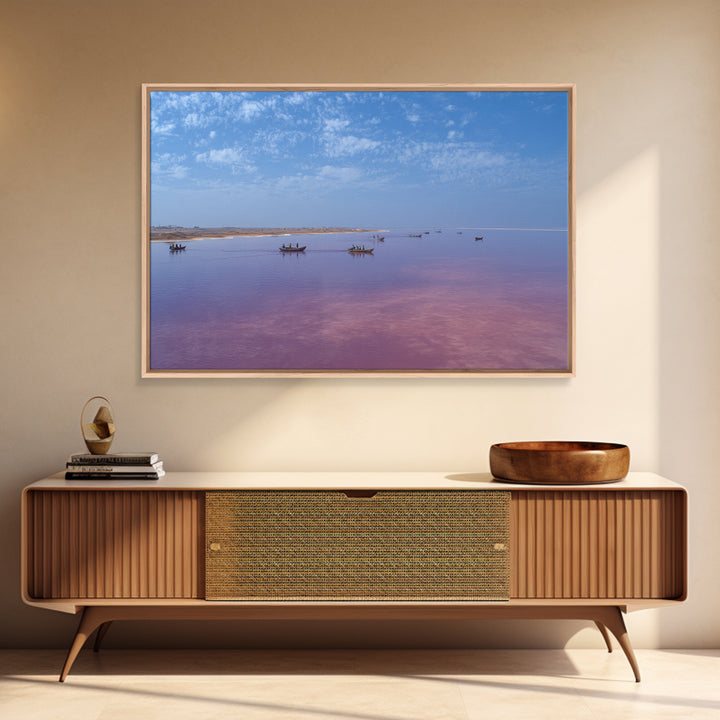 Wide Pink African Lake With Fishing Boats Wall Art, Serene Travel Photography, Blue Sky Canvas Print, Coastal Living Room Decor