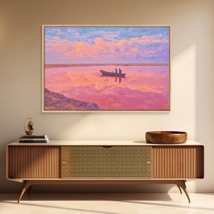 Pastel Pink Lake Boat At Sunset Canvas Print, African Landscape Wall Art, Dreamy Coastal Decor, Senegal Inspired Travel Gift