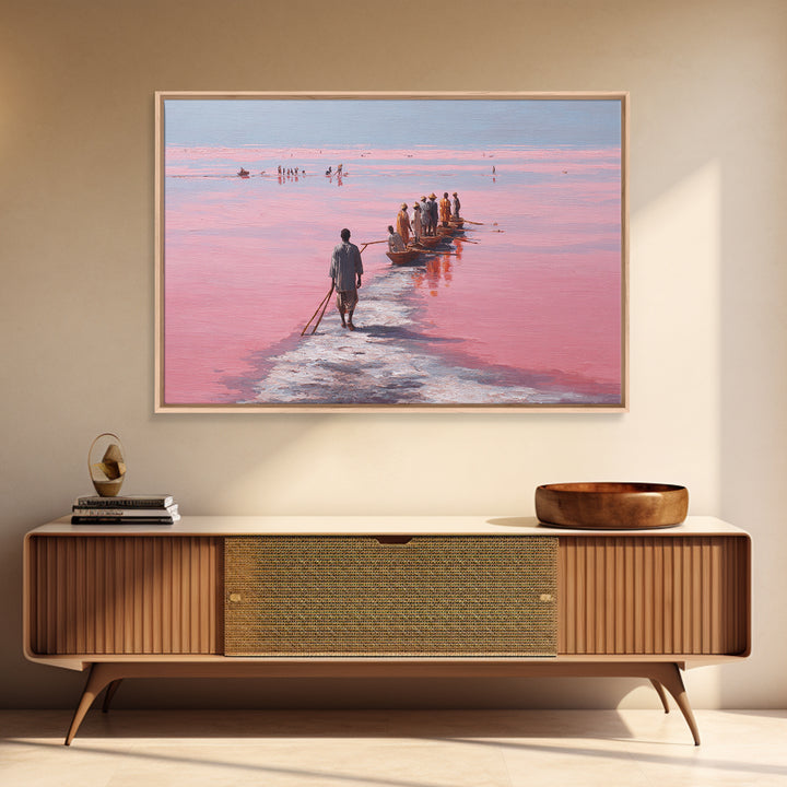 Pink Salt Lake Fishermen And Boats Wall Art, African Landscape, Senegal Travel Poster, Coastal Fishing Decor, Large Canvas