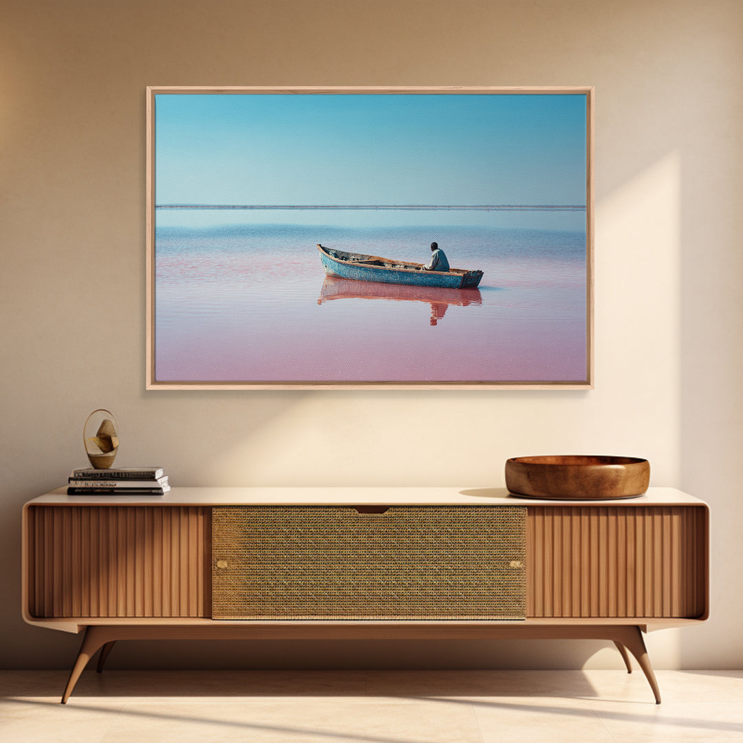 Lone Blue Boat On Pink Lake Canvas Print, African Landscape, Minimalist Travel Poster, Serene Coastal Wall Decor Gift For Home