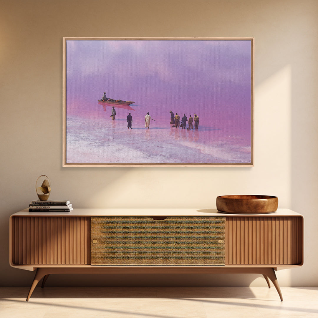 Purple Pink Salt Lake Boat Scene Wall Art, African Landscape, Coastal Travel Poster, Cultural Home Decor, Large Canvas Print
